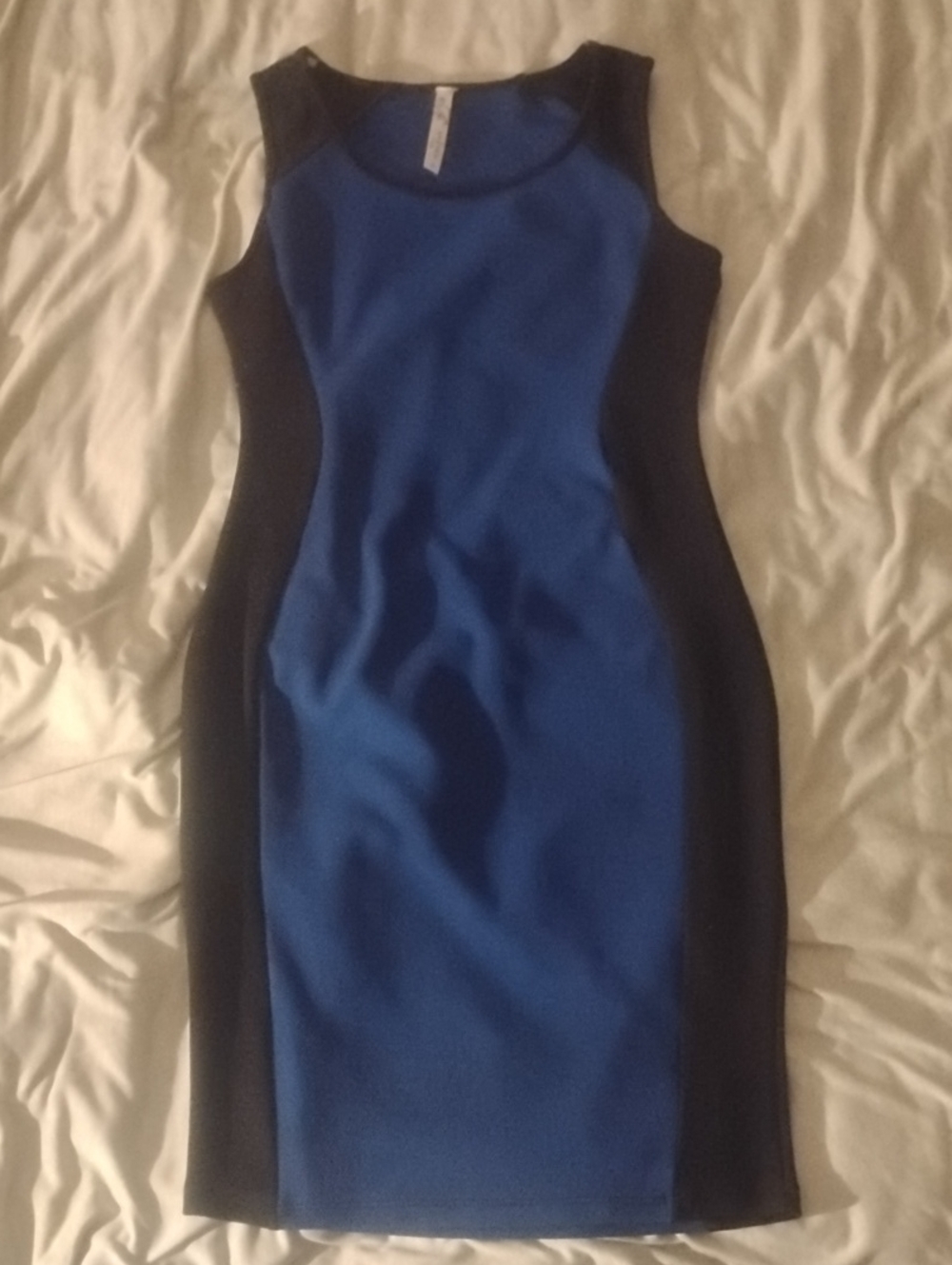 Royal Blue and Black Paneled Sleeveless Midi Dress
